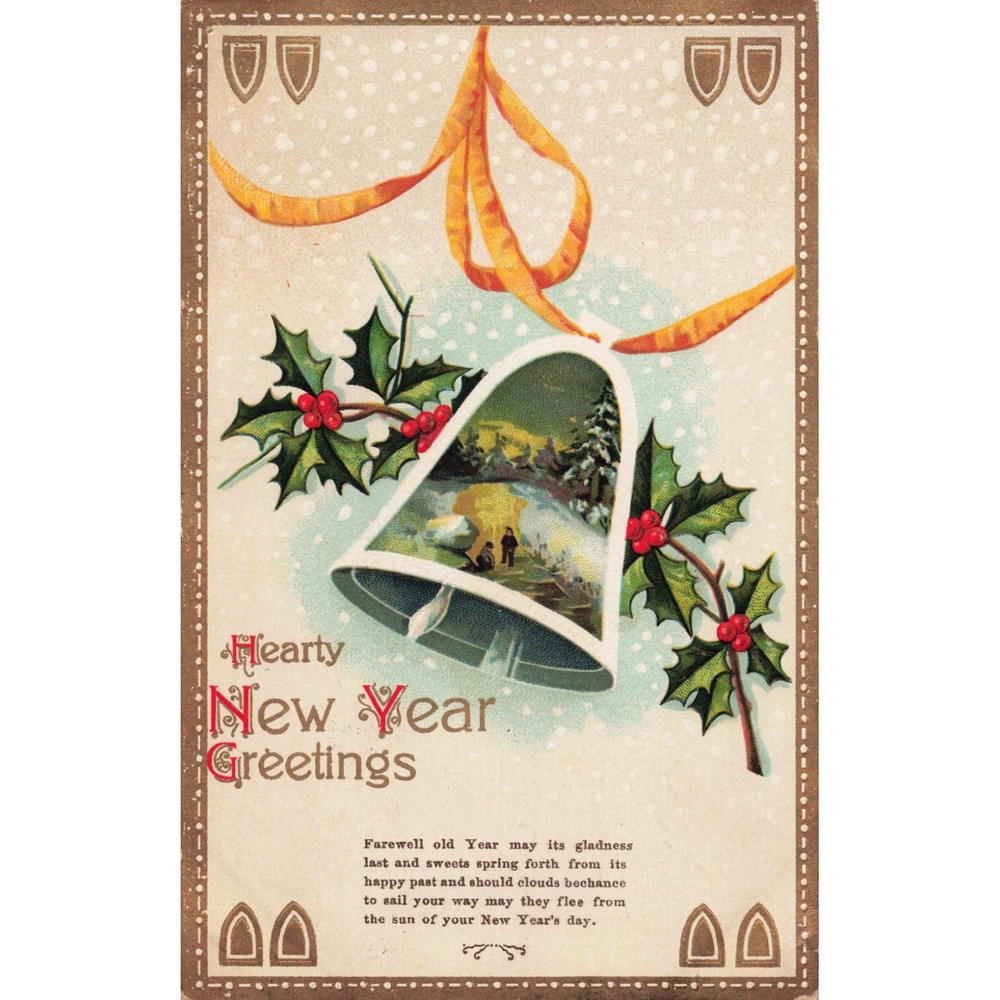 Antique 1913 New Year Postcard Bell Holly Winter Scene Union NY Postmark Germany - Picture 1 of 2